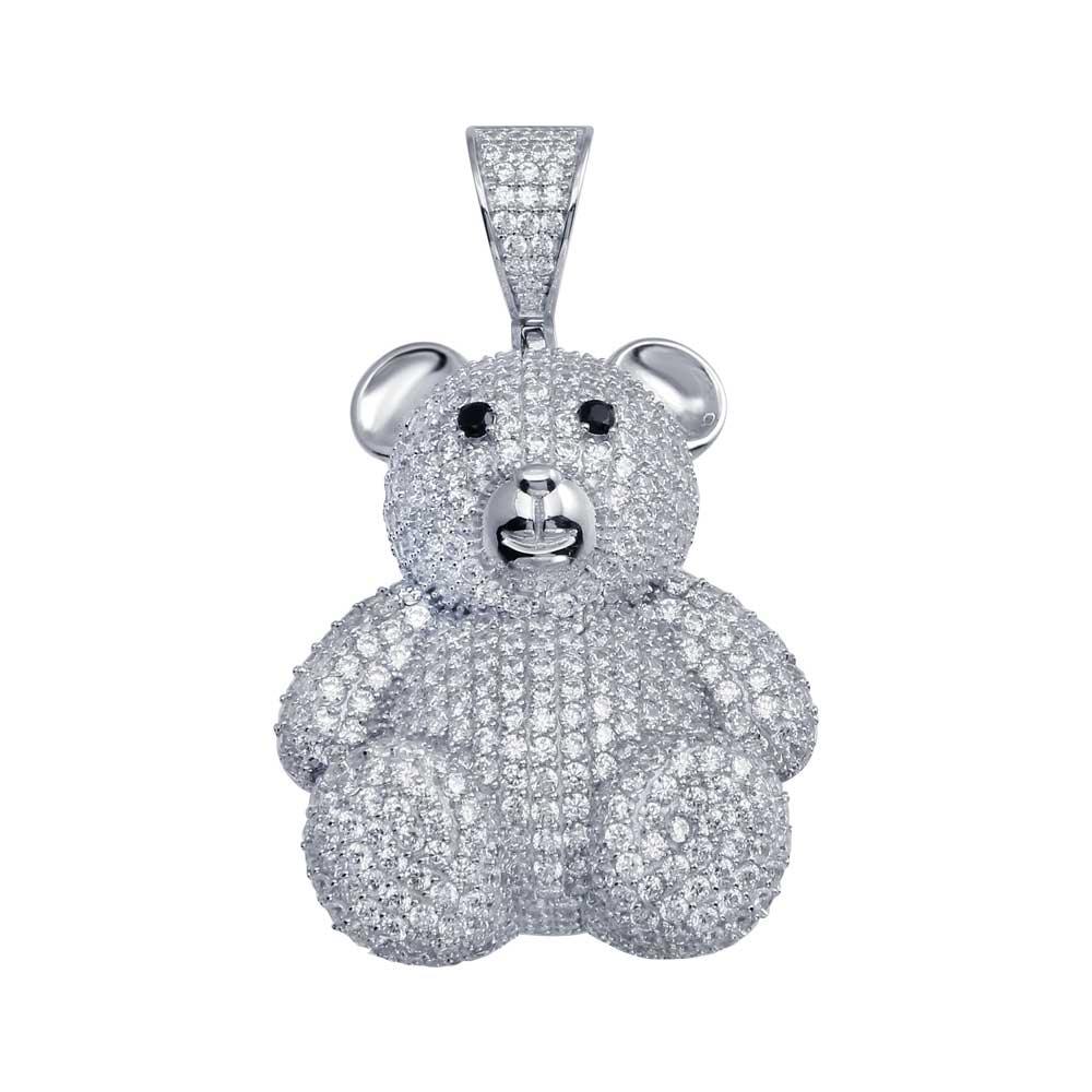 925 Sterling Silver Rhodium Plated CZ Bear Hip Hop Pendant