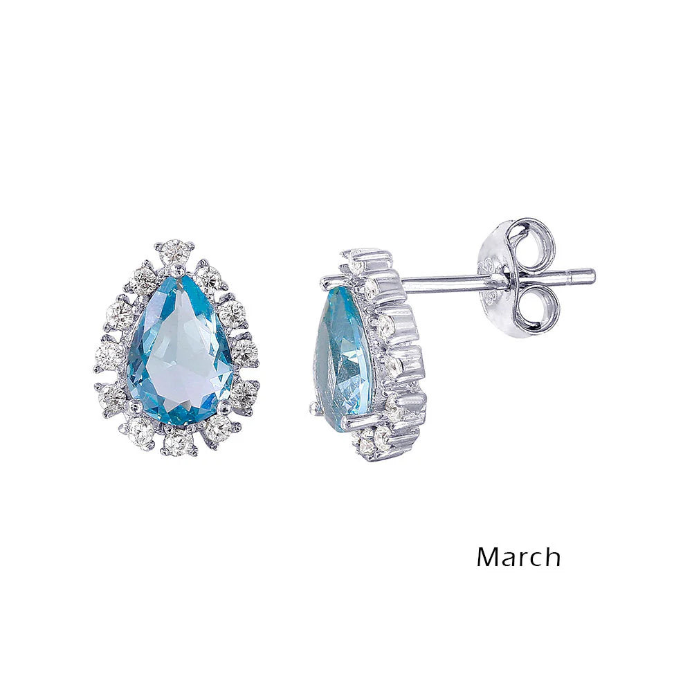 925 Sterling Silver Rhodium Plated Teardrop Halo CZ Birthstone Earrings