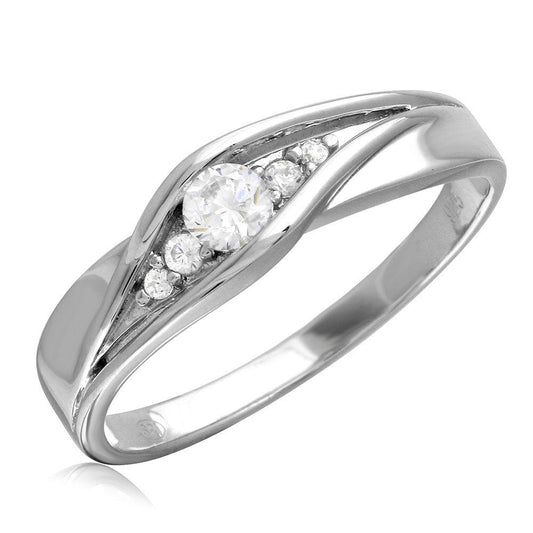 925 Sterling Silver Rhodium Plated Round CZ Center Stones Wedding Ring