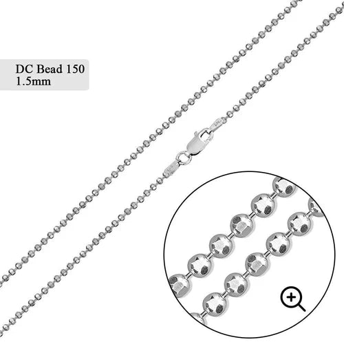 925 Sterling Silver Diamond Cut Bead 150 Chains 1.5mm