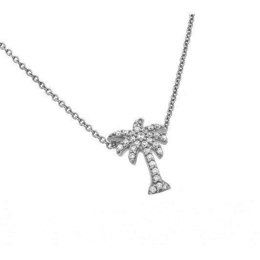 925 Sterling Silver Rhodium Plated Clear CZ Palm Tree Pendant Necklace