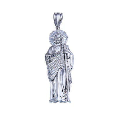 925 Sterling Silver Rhodium Plated Clear CZ St Jude Pendant 41mm