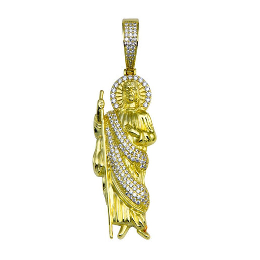 925 Sterling Silver Gold Plated CZ St Jude Hip Hop Pendant