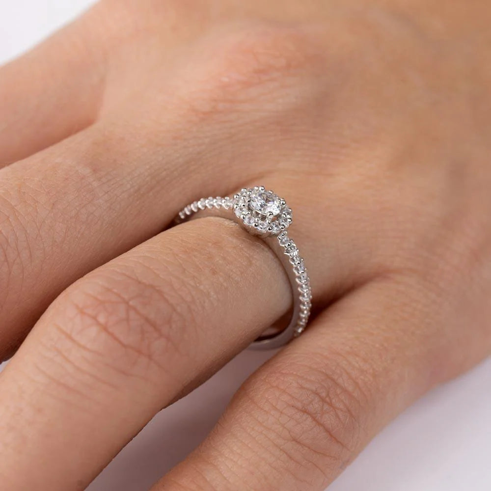 925 Sterling Silver Rhodium Plated Small Size Halo CZ Ring