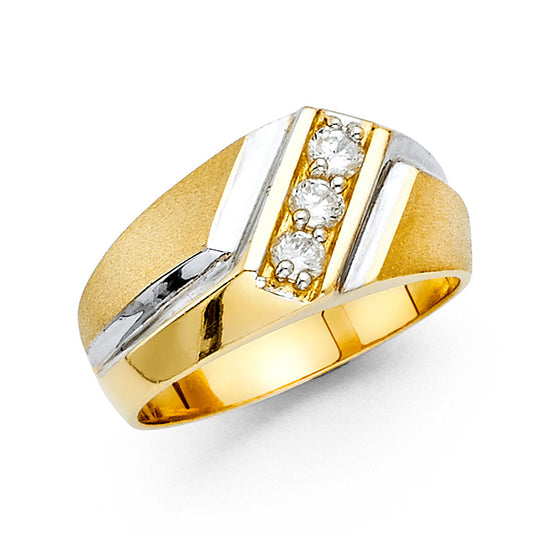 14K Two-Tone Gold Men's Satin Finish Ring with Three Cubic Zirconia