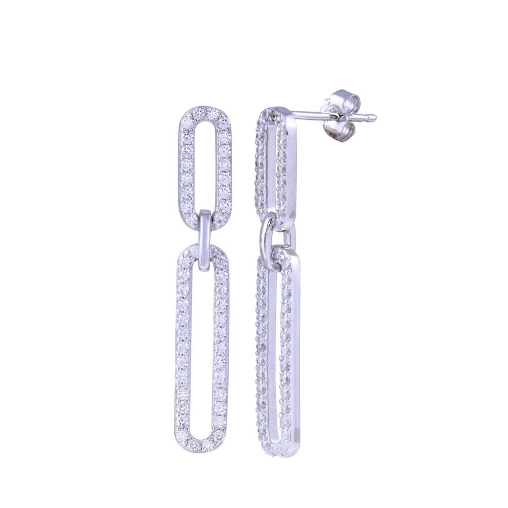 925 Sterling Silver Rhodium Plated Dangling CZ Paperclip Earring