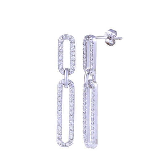 925 Sterling Silver Rhodium Plated Dangling CZ Paperclip Earring