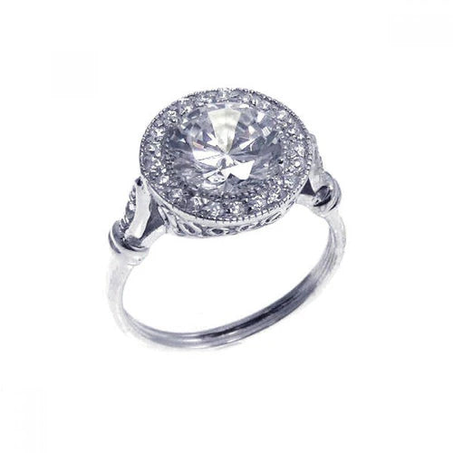 925 Sterling Silver Clearance Rhodium Plated Round Center and Cluster CZ Ring
