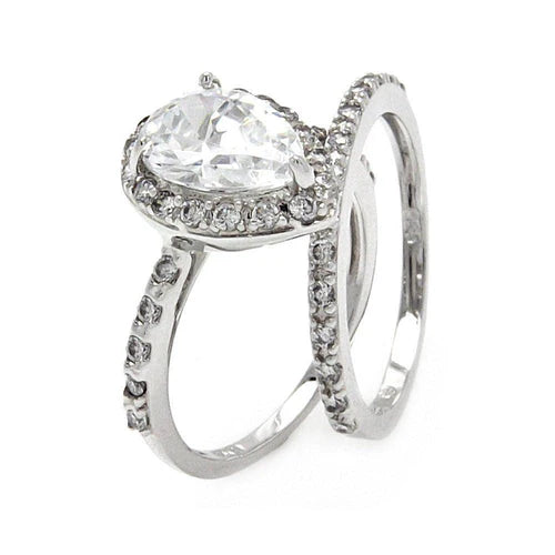 925 Sterling Silver Rhodium Plated Clear Pear Shaped CZ Bridal Ring Set