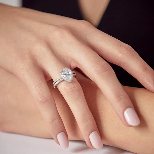 925 Sterling Silver Rhodium Plated Clear Pear Shaped CZ Bridal Ring Set