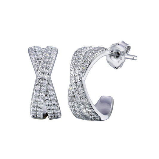 925 Sterling Silver Rhodium Plated Semi Hoop X CZ Round Earring