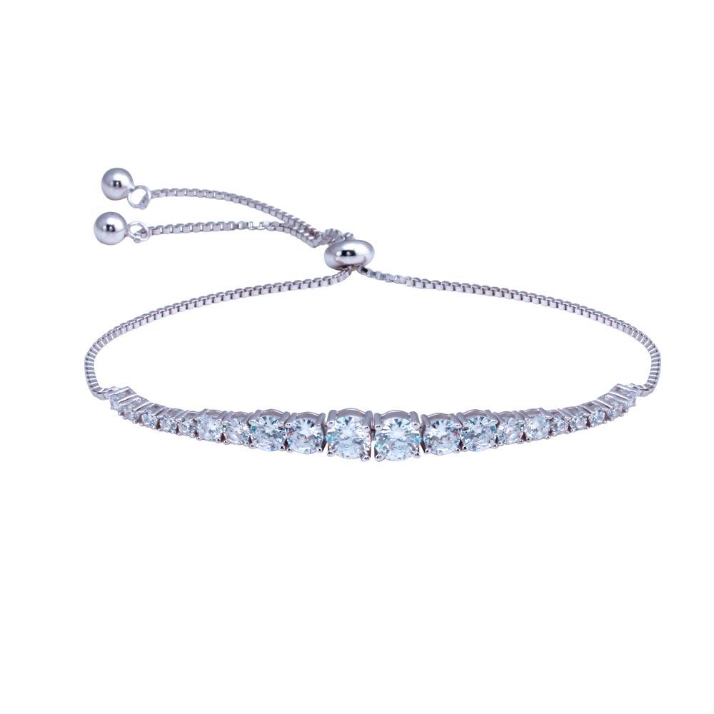 925 Sterling Silver Rhodium Plated Round CZ Link Adjustable Bracelets