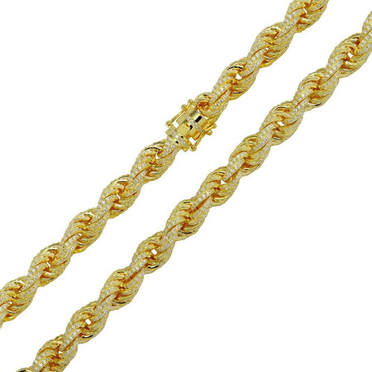 925 Sterling Silver Gold Plated CZ Encrusted Rope Chains Or Bracelet 9.7mm