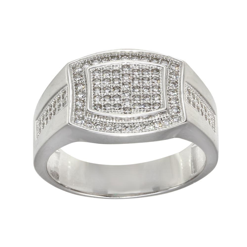 925 Sterling Silver Rhodium Plated Men's Micro Pave Rectangle Shape CZ Ring