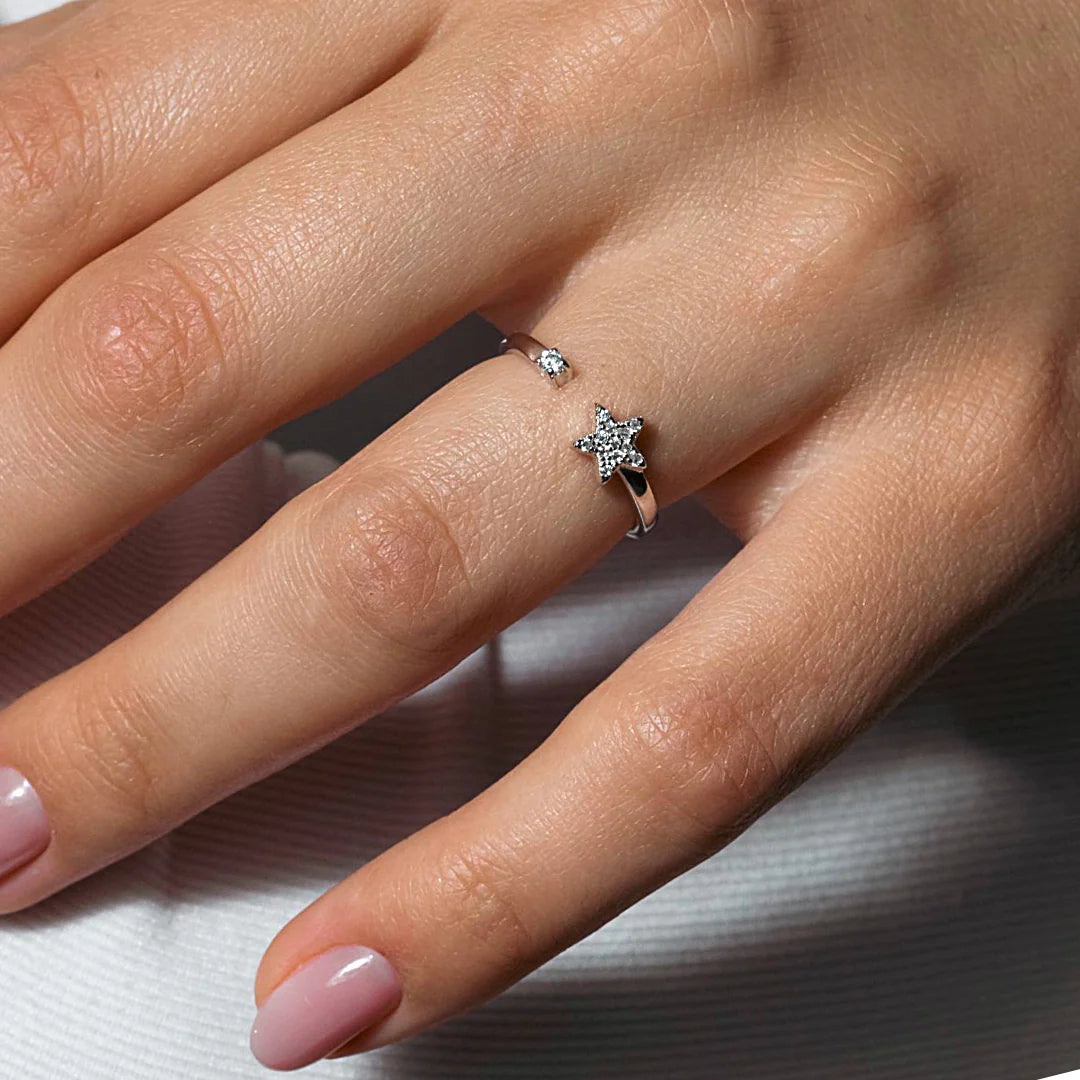 925 Sterling Silver Rhodium Plated Open Star Ring with CZ