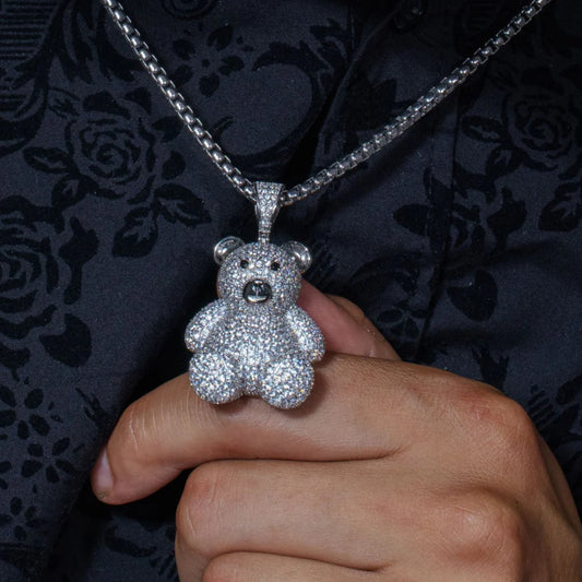 925 Sterling Silver Rhodium Plated CZ Bear Hip Hop Pendant