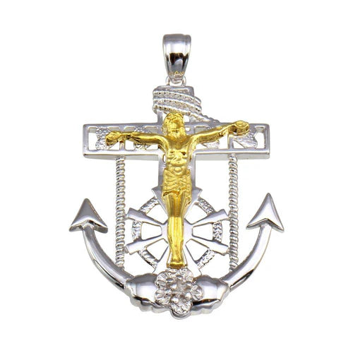 925 Sterling Silver Two-Tone Mariner Anchor Cross Pendant