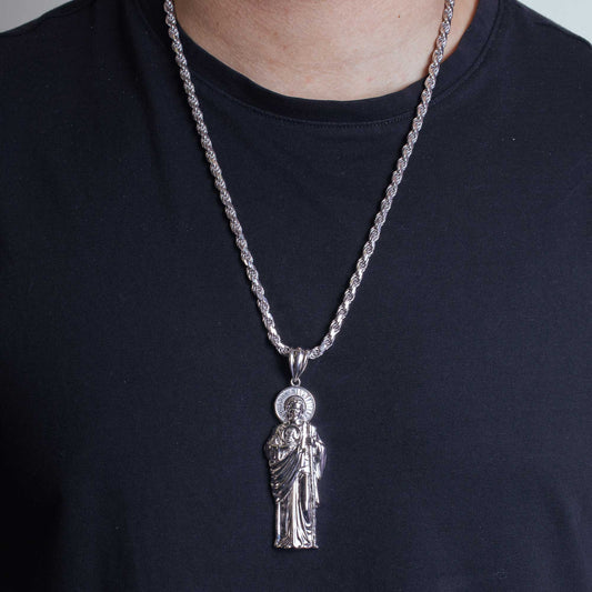 925 Sterling Silver Rhodium Plated St Jude Pendant 70mm