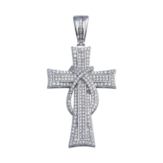 925 Sterling Silver Rhodium Plated CZ Ribbon Cross Hip Hop Pendant