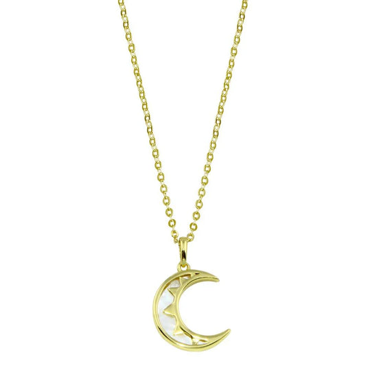 925 Sterling Silver Gold Plated CZ Synthetic Mother of Pearl Crescent Moon Necklace