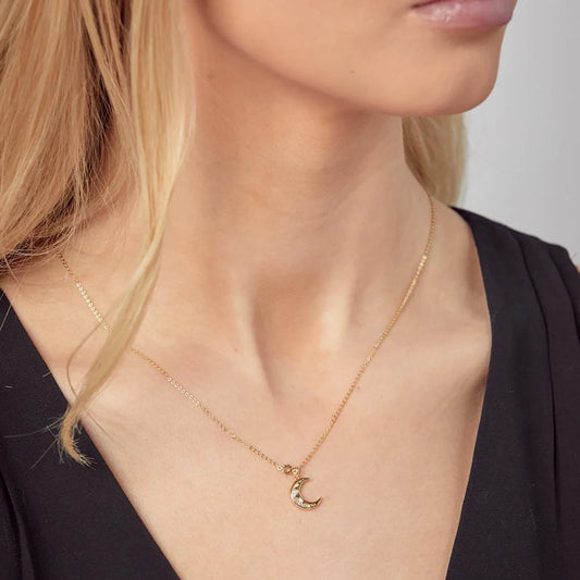925 Sterling Silver Gold Plated CZ Synthetic Mother of Pearl Crescent Moon Necklace