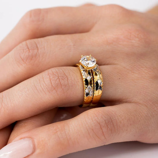 925 Sterling Silver Two-Tone Hammered CZ Wedding Ring