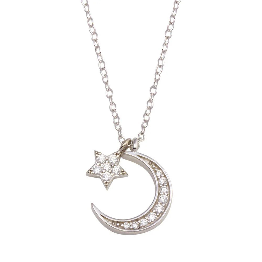 925 Sterling Silver Rhodium Plated Dangling Flower Crescent CZ Necklace
