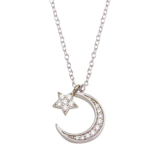 925 Sterling Silver Rhodium Plated Dangling Flower Crescent CZ Necklace