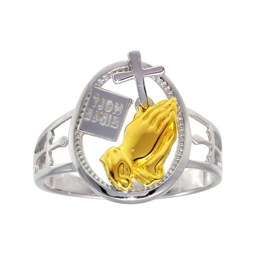 925 Sterling Silver 2 Toned Plated Praying Hand with Cross Ring