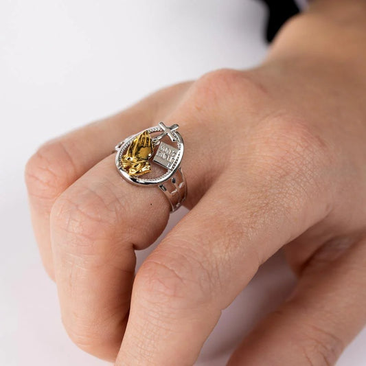 925 Sterling Silver 2 Toned Plated Praying Hand with Cross Ring