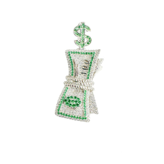 925 Sterling Silver Rhodium Plated Bundle of Cash Clear and Green CZ Dollar Vale Pendant