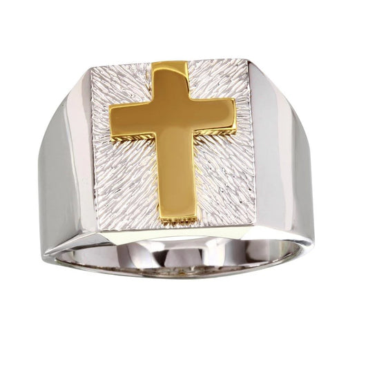 925 Sterling Silver Two-Tone Men's Cross Ring