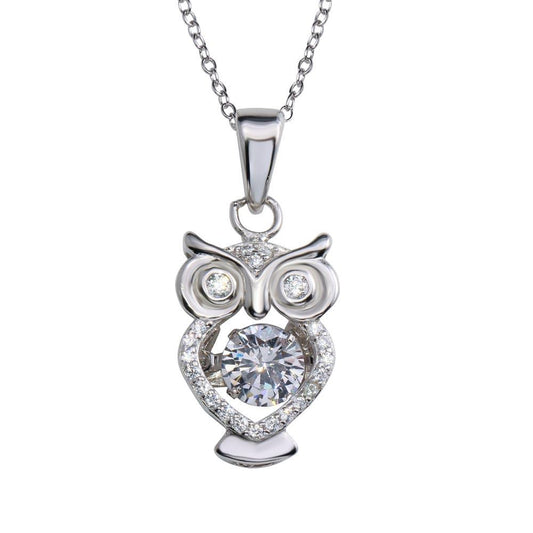 925 Sterling Silver Rhodium Plated Owl Pendant Necklace with Dancing CZ