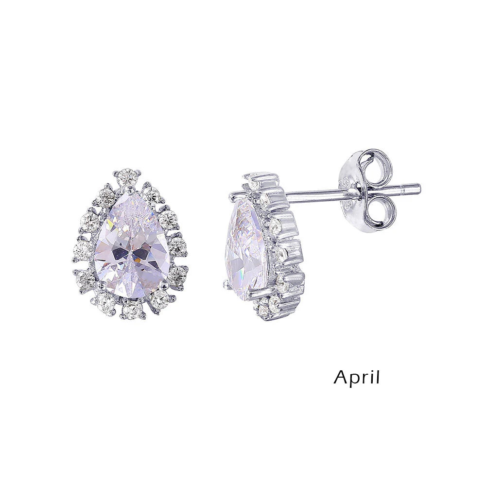 925 Sterling Silver Rhodium Plated Teardrop Halo CZ Birthstone Earrings