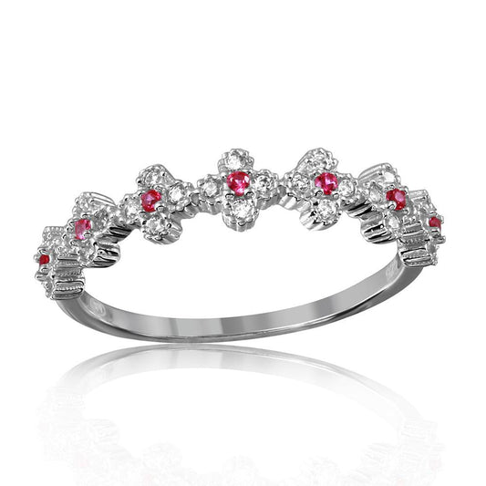 925 Sterling Silver Rhodium Plated Clover Band with Red CZ Stones