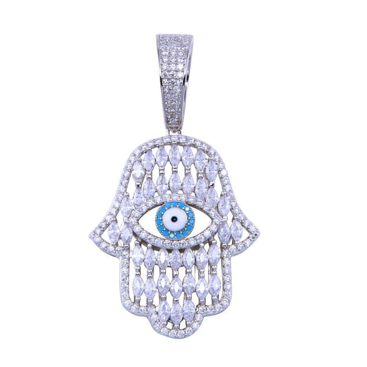 925 Sterling Silver Rhodium Plated CZ Enamel Hamsa Hand Pendant