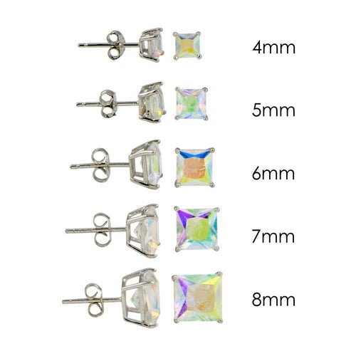 925 Sterling Silver Rhodium Plated Square Basket Clear ABL CZ Stud Earring
