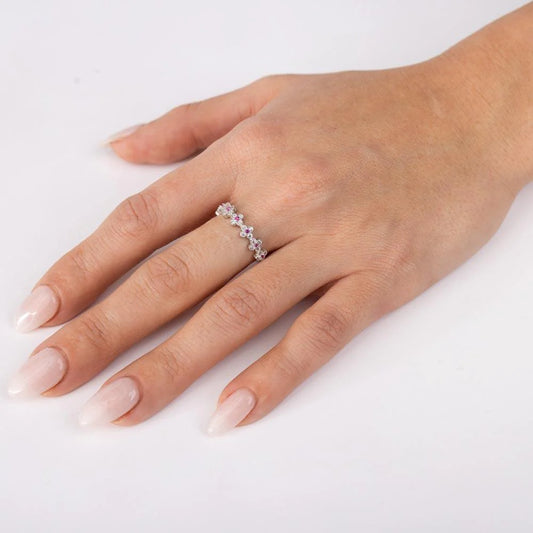 925 Sterling Silver Rhodium Plated Clover Band with Red CZ Stones