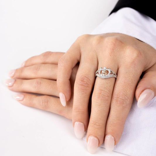 925 Sterling Silver Rhodium Plated CZ Quinceanera Flower 2 Toned CZ Ring