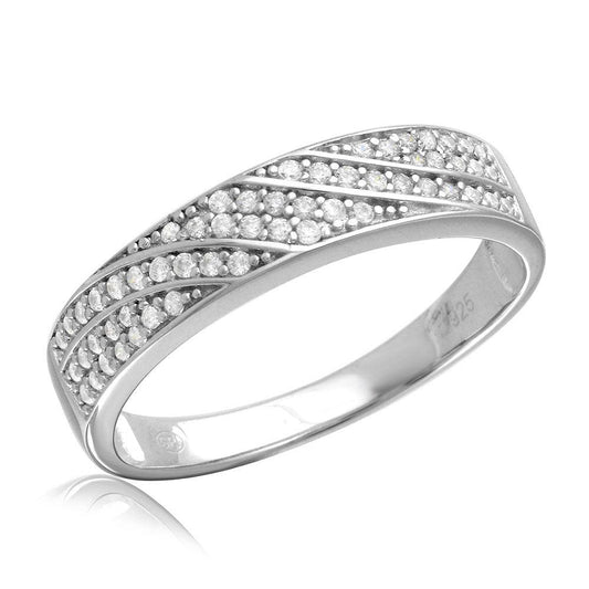 925 Sterling Silver Rhodium Plated Men's Wave CZ Band Wedding Ring