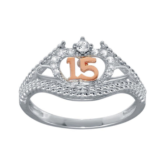 925 Sterling Silver Rhodium Plated CZ Quinceanera Flower 2 Toned CZ Ring