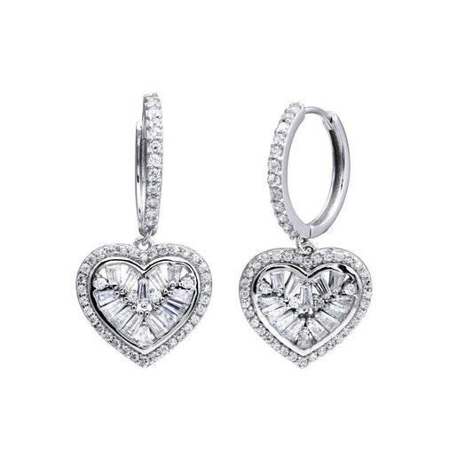 925 Sterling Silver Rhodium Plated CZ Hoop Dangling Heart Earring
