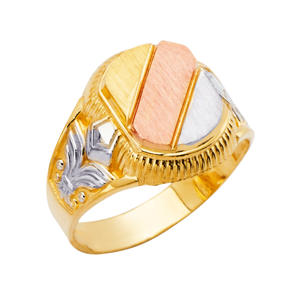 14K Tri-Color Gold Men’s Oval Ring with Floral Side Accents