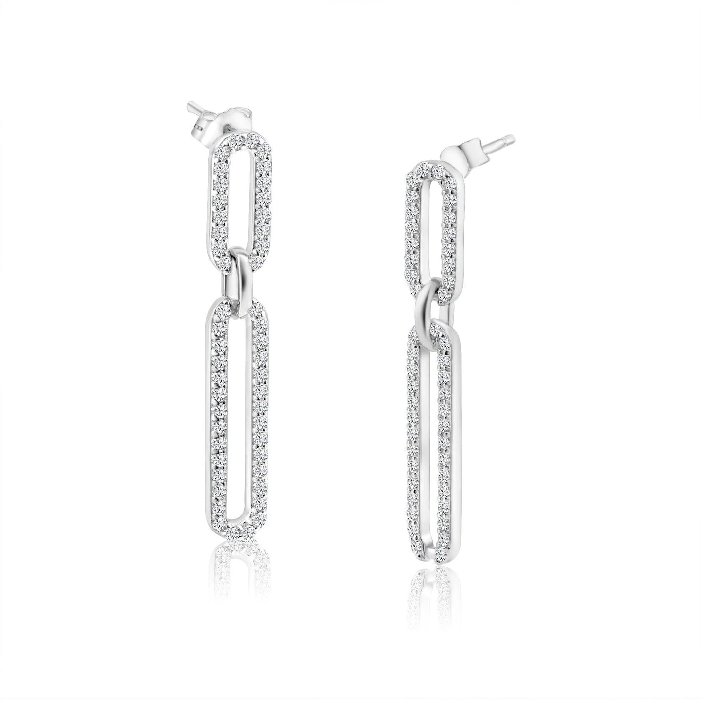 925 Sterling Silver Rhodium Plated Dangling CZ Paperclip Earring
