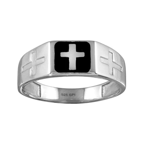 925 Sterling Silver Rhodium Plated Black Enamel Cross Ring