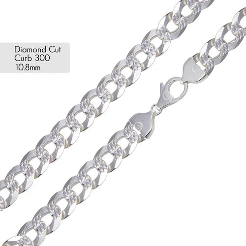 925 Sterling Silver Curb 300 1 Side Diamond Cut 1 Side Plain Chain or Bracelet 10.8mm