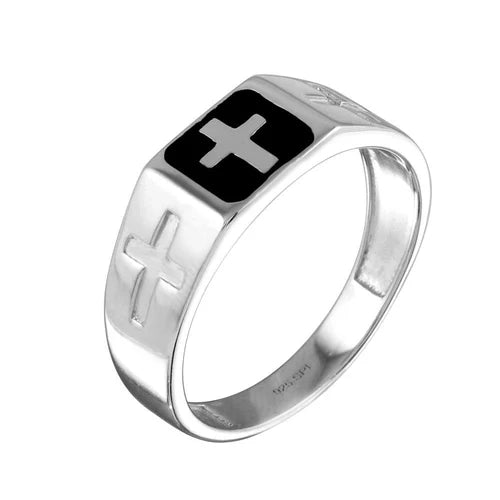 925 Sterling Silver Rhodium Plated Black Enamel Cross Ring