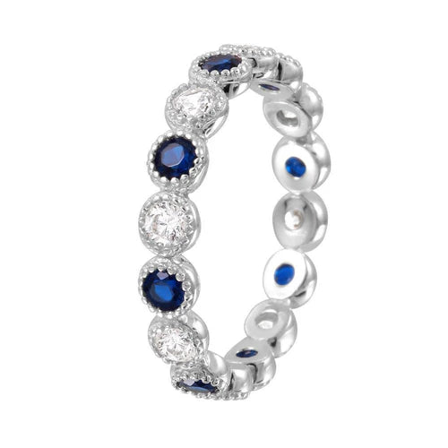 925 Sterling Silver Rhodium Plated Round Eternity Stackable Blue CZ Ring