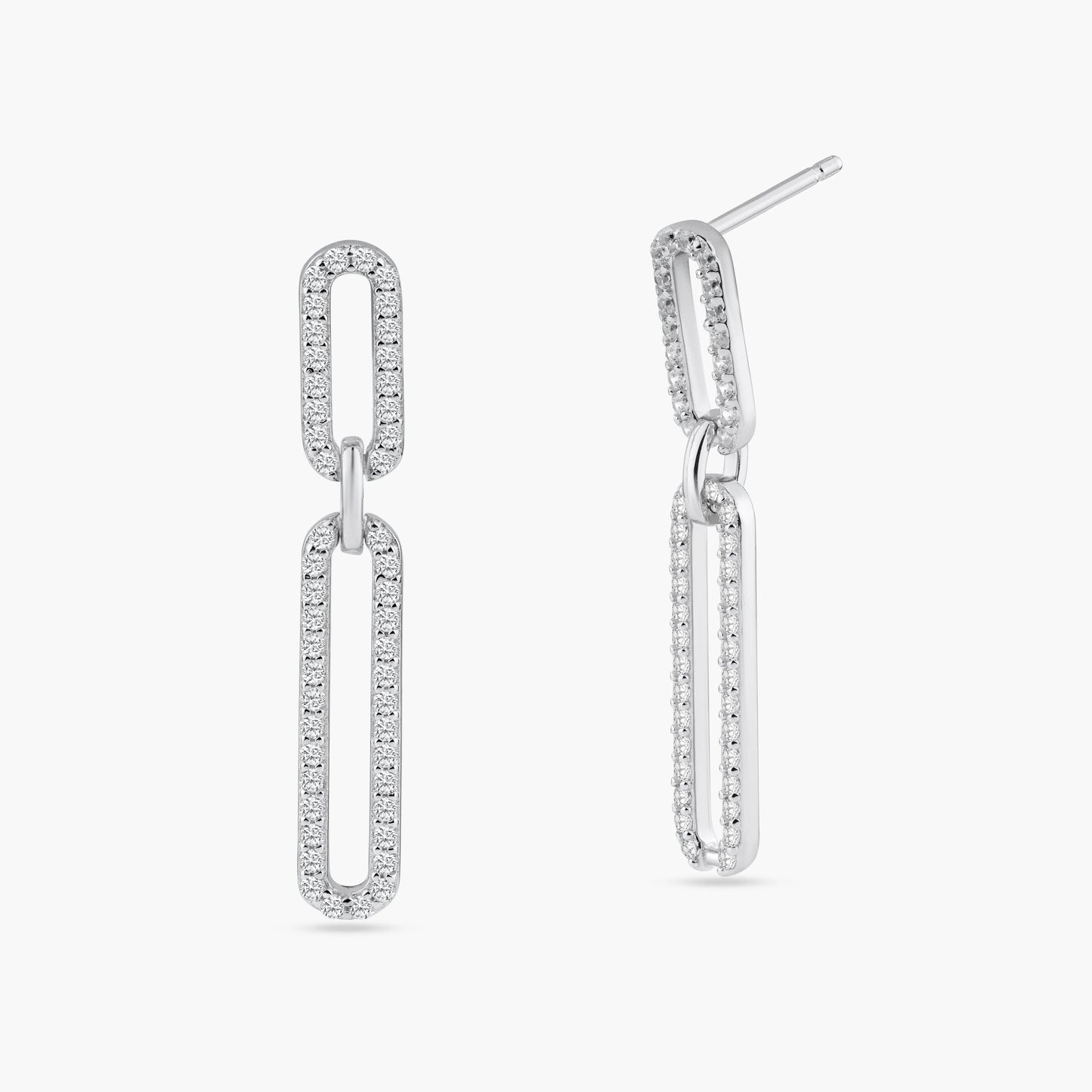 925 Sterling Silver Rhodium Plated Dangling CZ Paperclip Earring