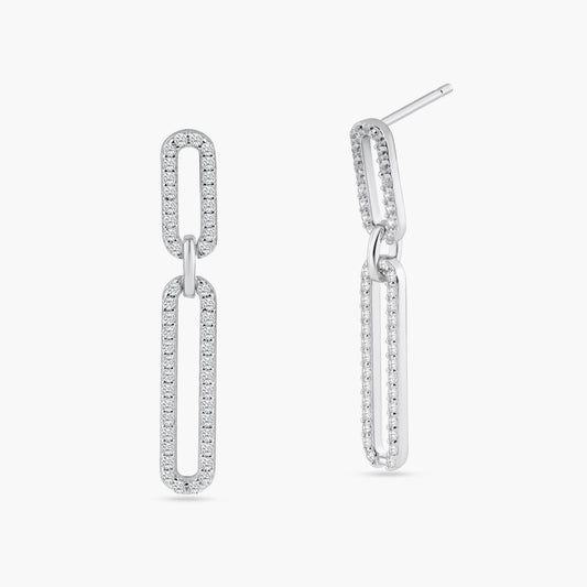 925 Sterling Silver Rhodium Plated Dangling CZ Paperclip Earring